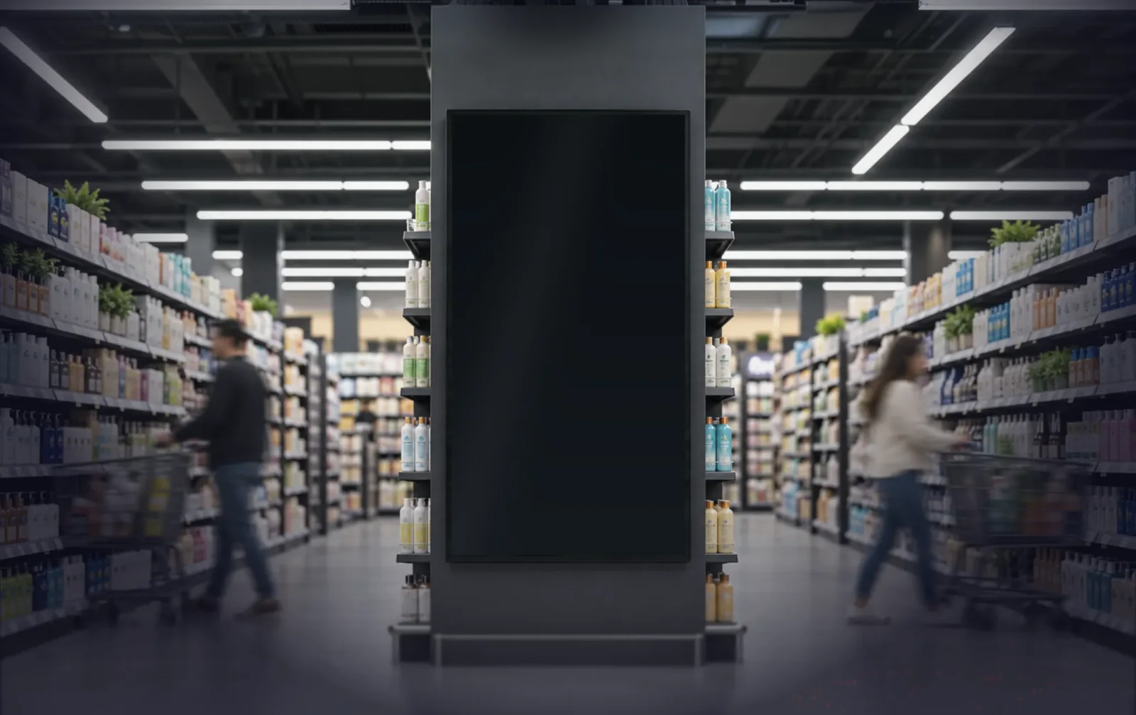 Supermarket aisle with a digital display on a central pillar