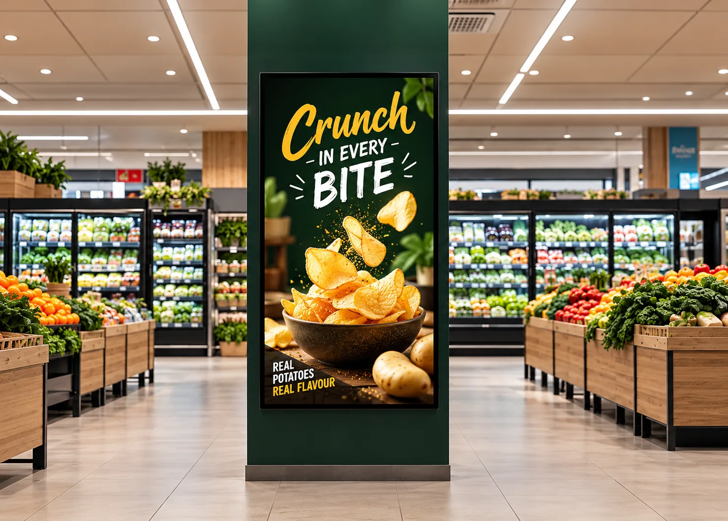 Supermarket pillar display showing a potato chips advert