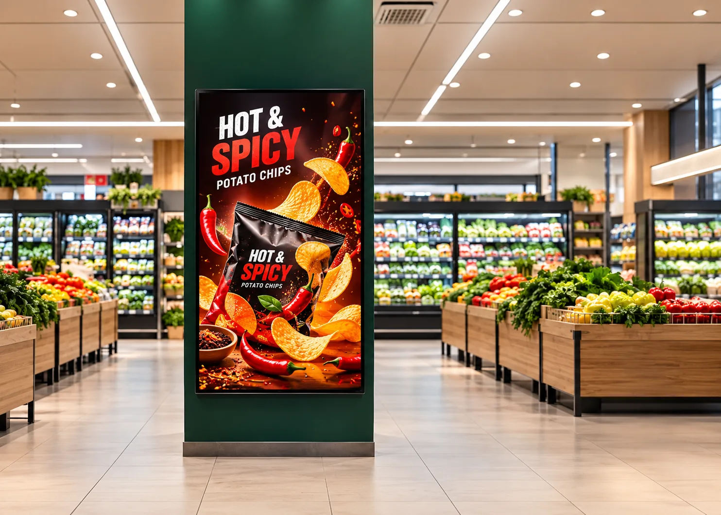 Supermarket pillar display showing a hot and spicy chips advert